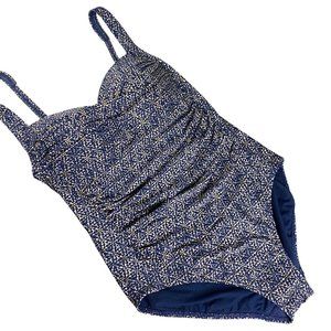 bond-eye Australia one piece navy blue gold swim bra support ruching Sz 12 D/DD